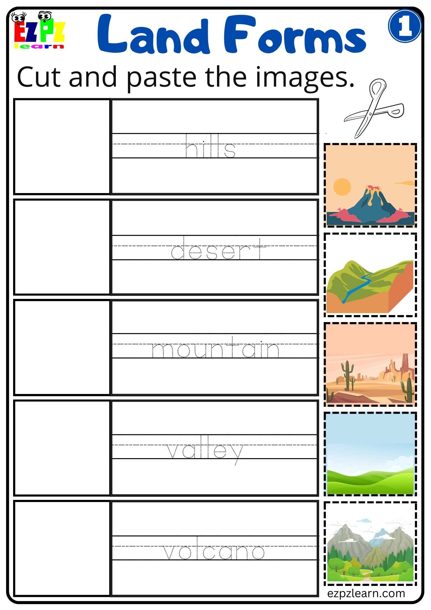 Land and Water Forms Cut and Paste Activity Free PDF download set 1